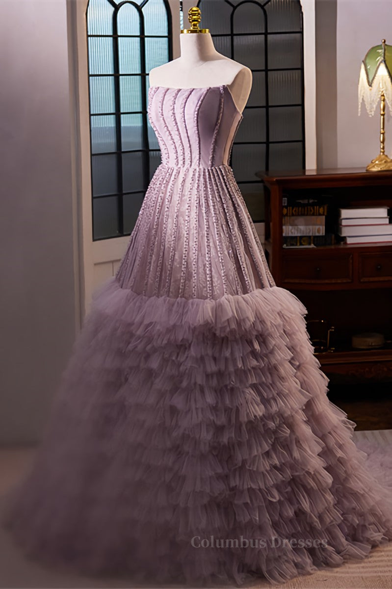 Party Dress Hair Style, Lavedner Strapless Beaded A-line Multi-Layers Long Prom Dress