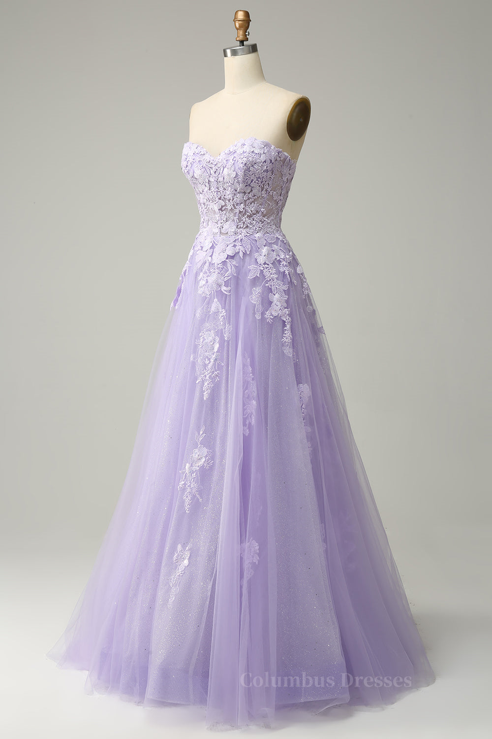 Lavender A-line Appliques Strapless Lace-Up Tulle Long Prom Dress Secondary image