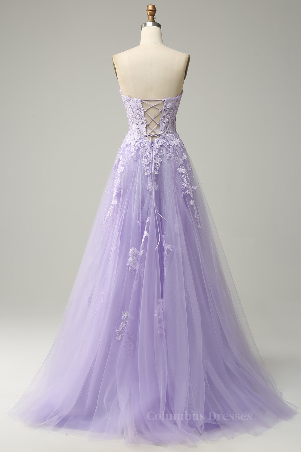 Bridesmaid Dress Orange, Lavender A-line Appliques Strapless Lace-Up Tulle Long Prom Dress Main image