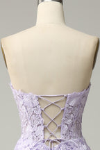 Bridesmaid Dress Gold, Lavender A-line Appliques Strapless Lace-Up Tulle Long Prom Dress