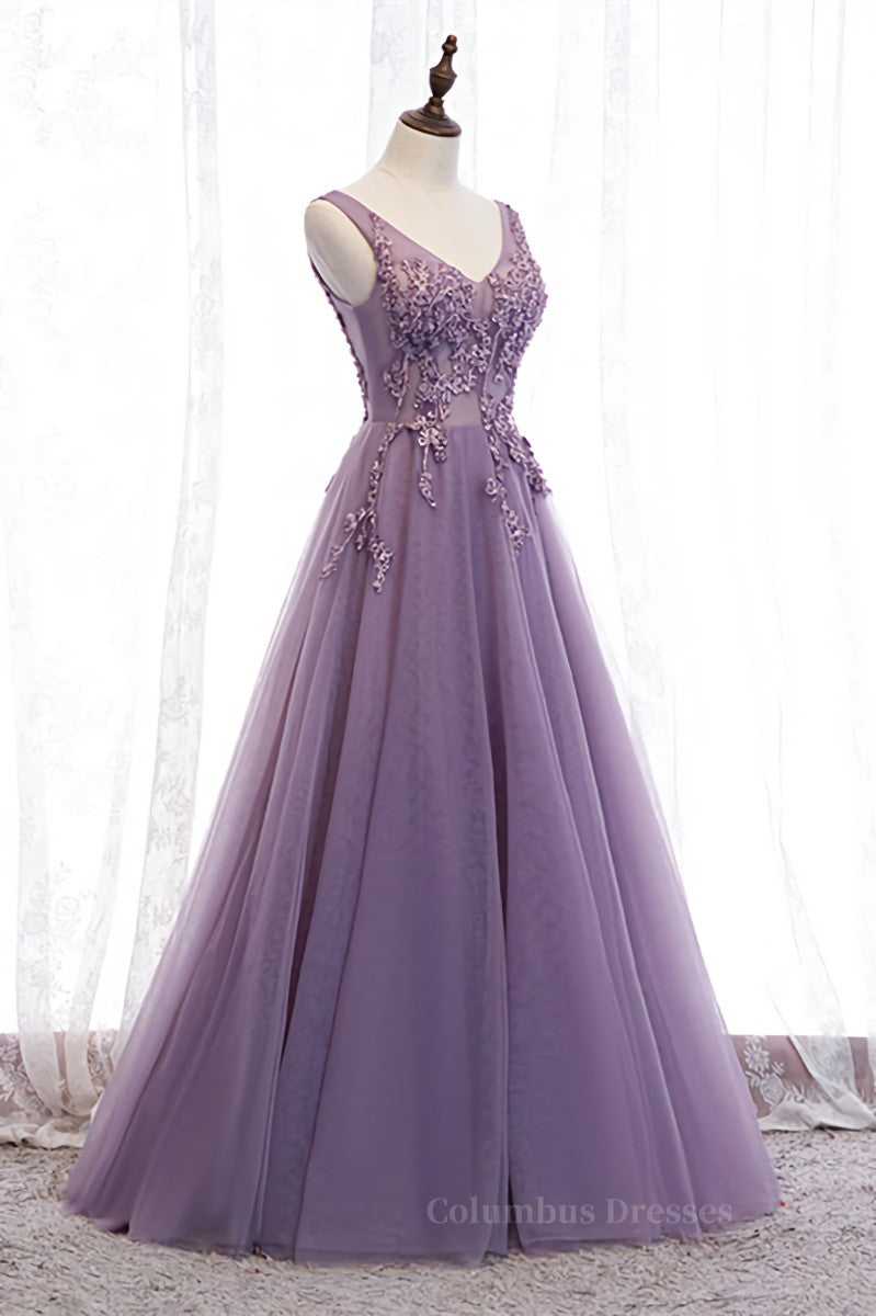 Lavender A-line V Neck Sleeveless Beaded Appliques Maxi Formal Dress Secondary image