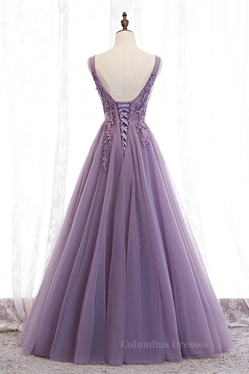 Prom Dresses 2051 Cheap, Lavender A-line V Neck Sleeveless Beaded Appliques Maxi Formal Dress Main image