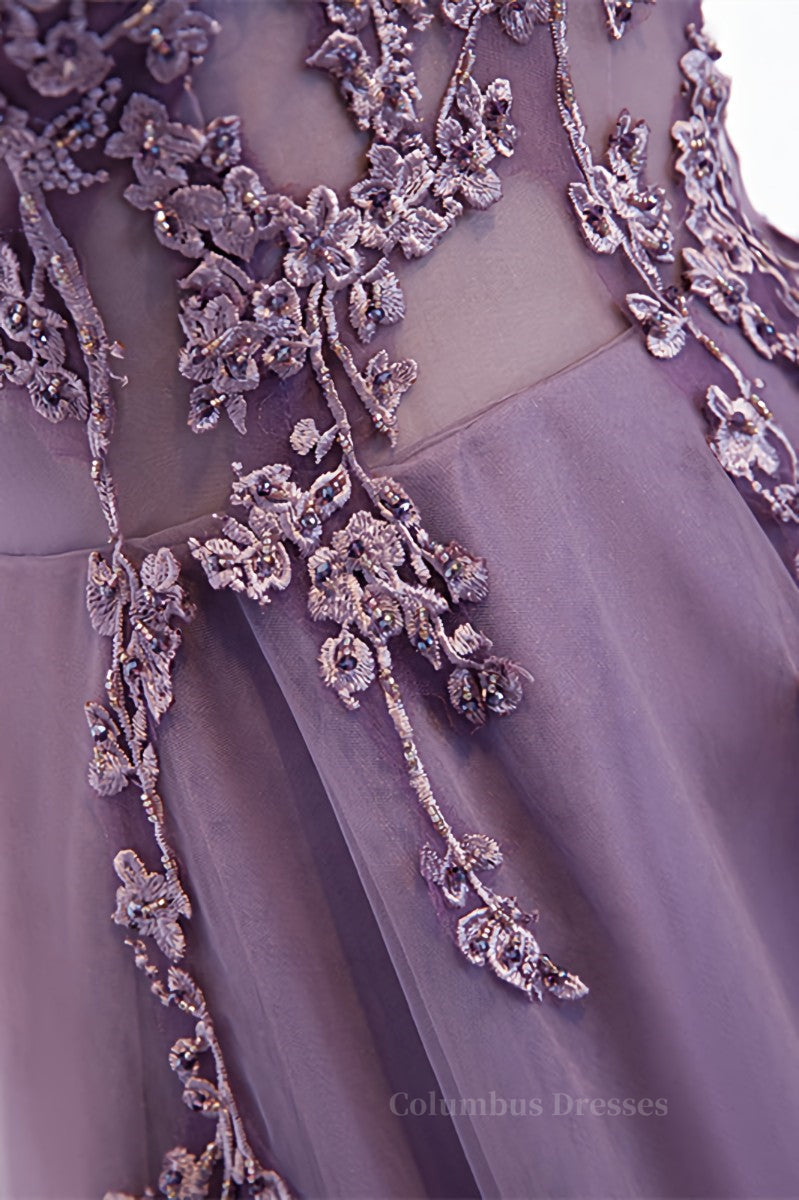 Prom Dress Princess Style, Lavender A-line V Neck Sleeveless Beaded Appliques Maxi Formal Dress