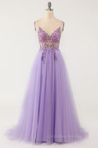 Prom Dress Shops Near Me, Lavender Beaded A-line Tulle Formal Dress