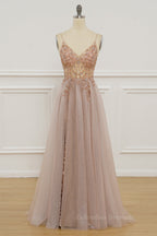 Prom Dresses V Neck, Lavender Beaded A-line Tulle Formal Dress