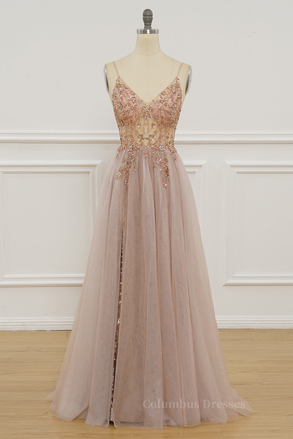 Prom Dresses V Neck, Lavender Beaded A-line Tulle Formal Dress
