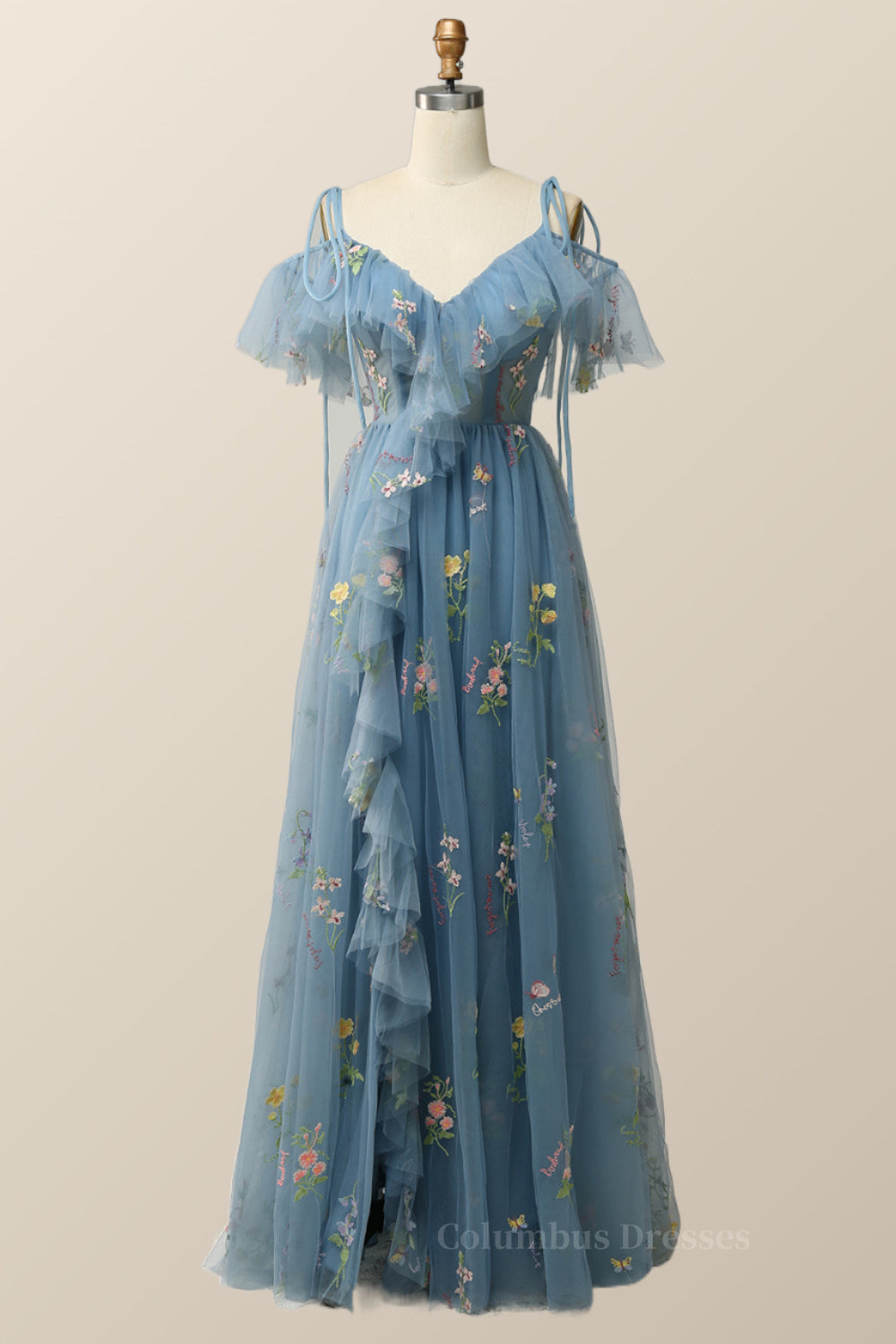 Bridesmaids Dresses Affordable, Lavender Floral Ruffles Tulle A-line Long Prom Dress