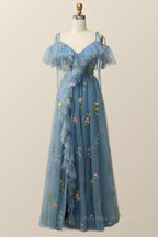 Bridesmaids Dresses Affordable, Lavender Floral Ruffles Tulle A-line Long Prom Dress