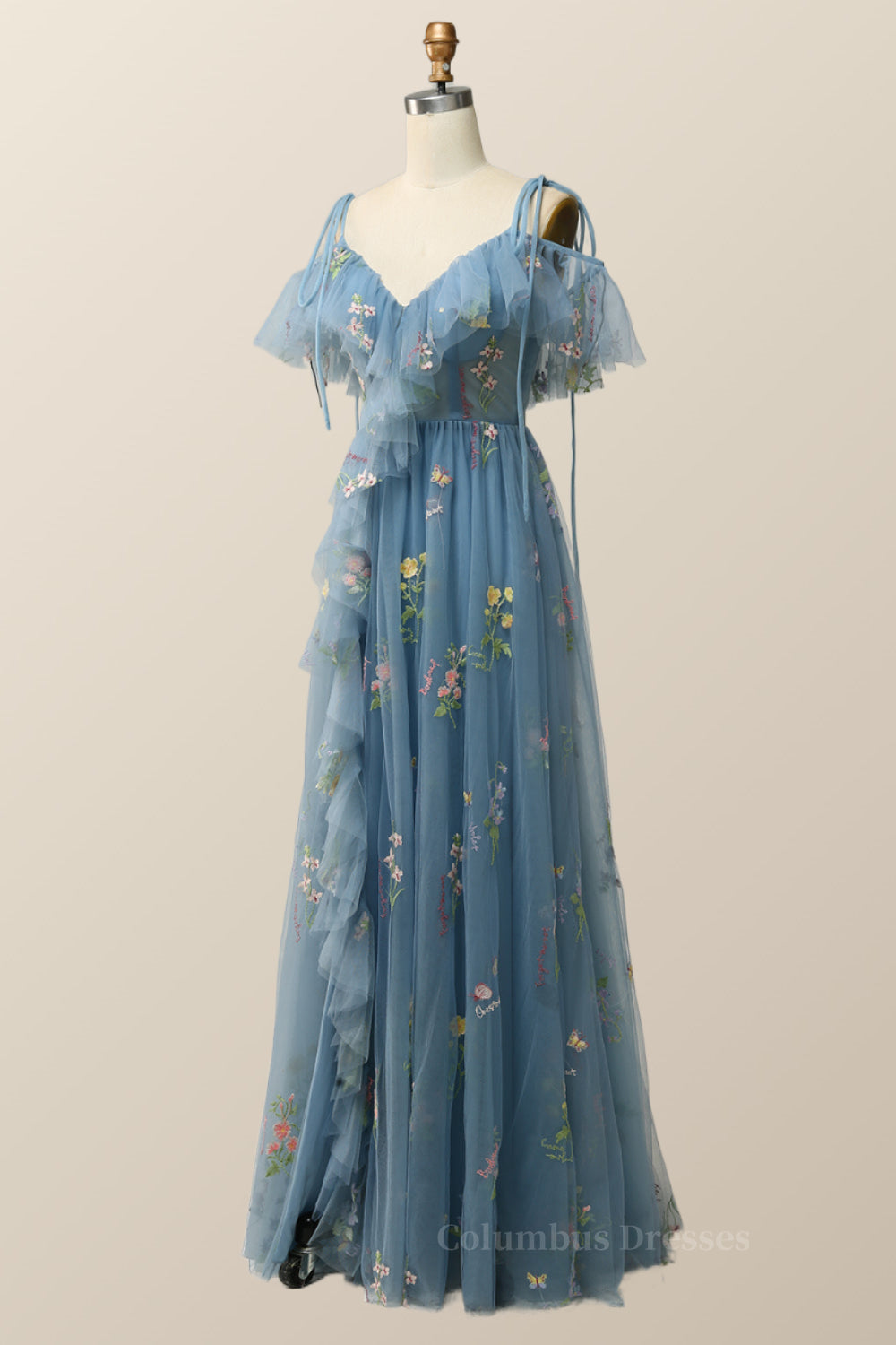 Bridesmaid Dress Affordable, Lavender Floral Ruffles Tulle A-line Long Prom Dress