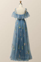 Bridesmaids Dress Affordable, Lavender Floral Ruffles Tulle A-line Long Prom Dress