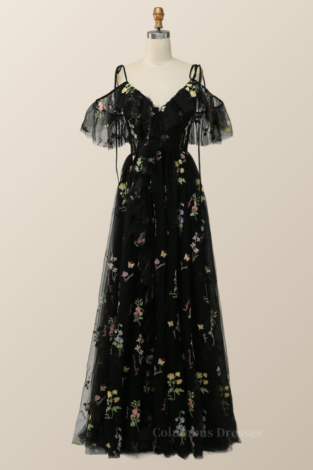 Bridesmaids Dresses Cheap, Lavender Floral Ruffles Tulle A-line Long Prom Dress