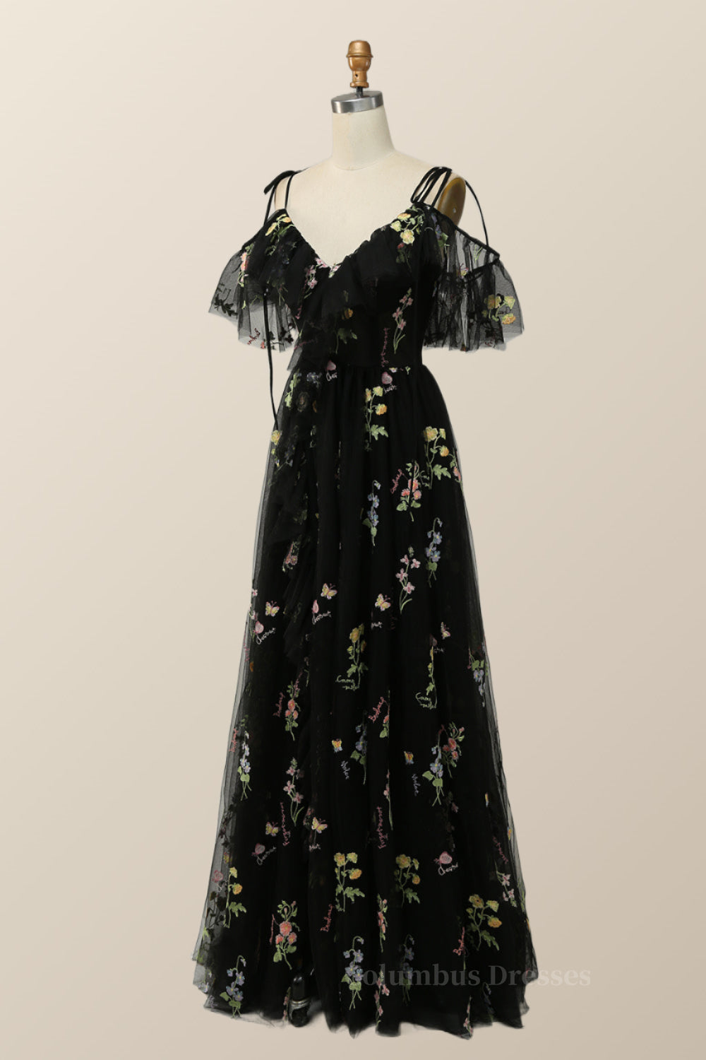 Bridesmaids Dress Cheap, Lavender Floral Ruffles Tulle A-line Long Prom Dress