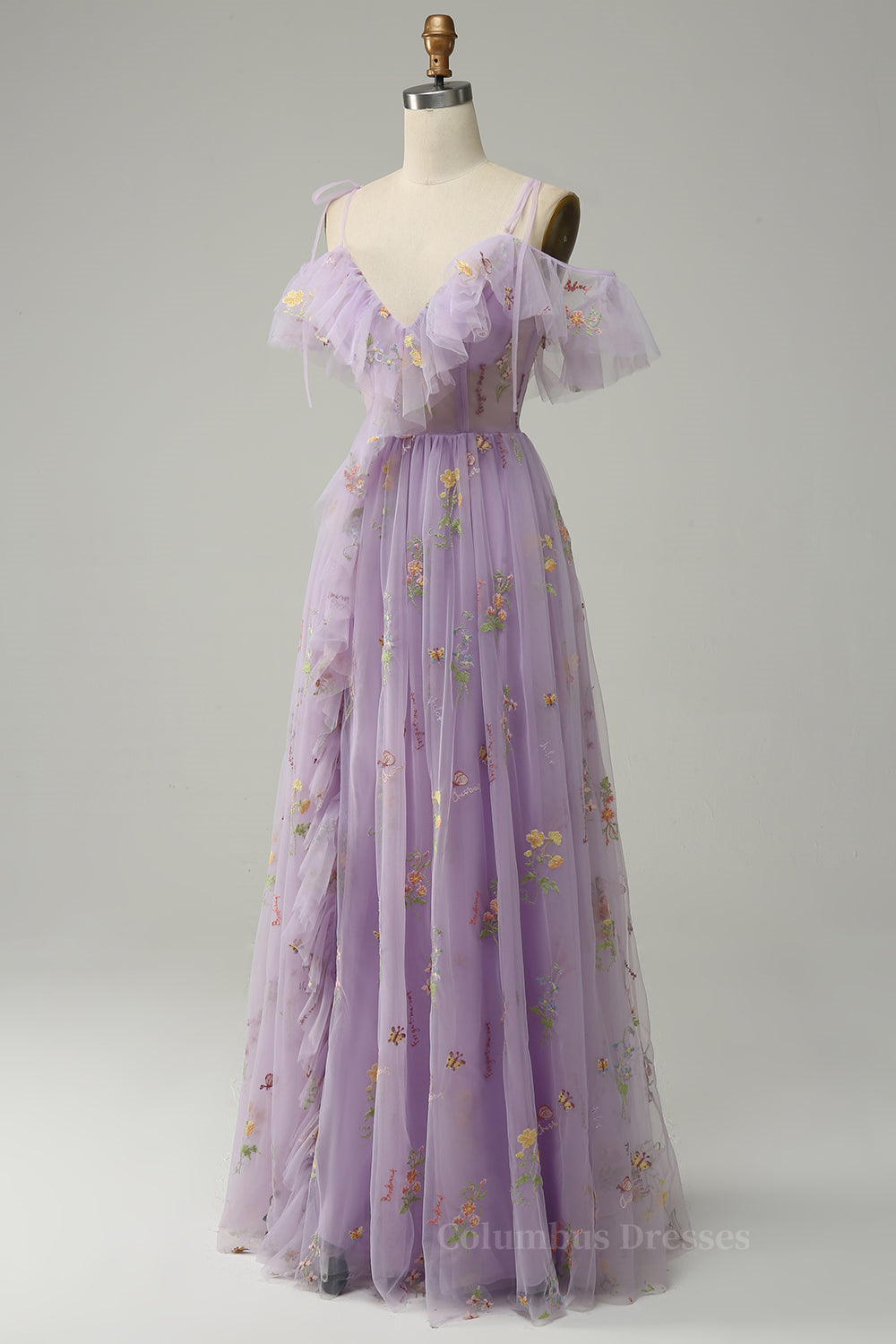 Lavender Floral Ruffles Tulle A-line Long Prom Dress Secondary image