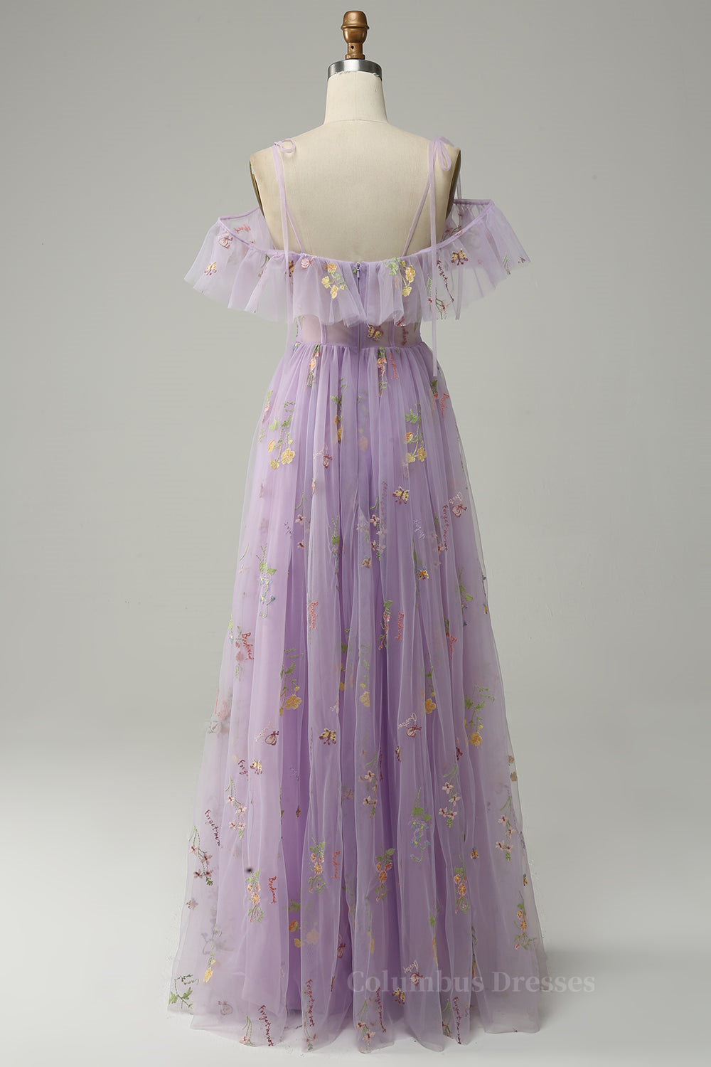 Bridesmaids Dresses Websites, Lavender Floral Ruffles Tulle A-line Long Prom Dress Main image