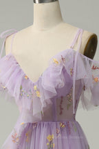 Bridesmaid Dresses Websites, Lavender Floral Ruffles Tulle A-line Long Prom Dress