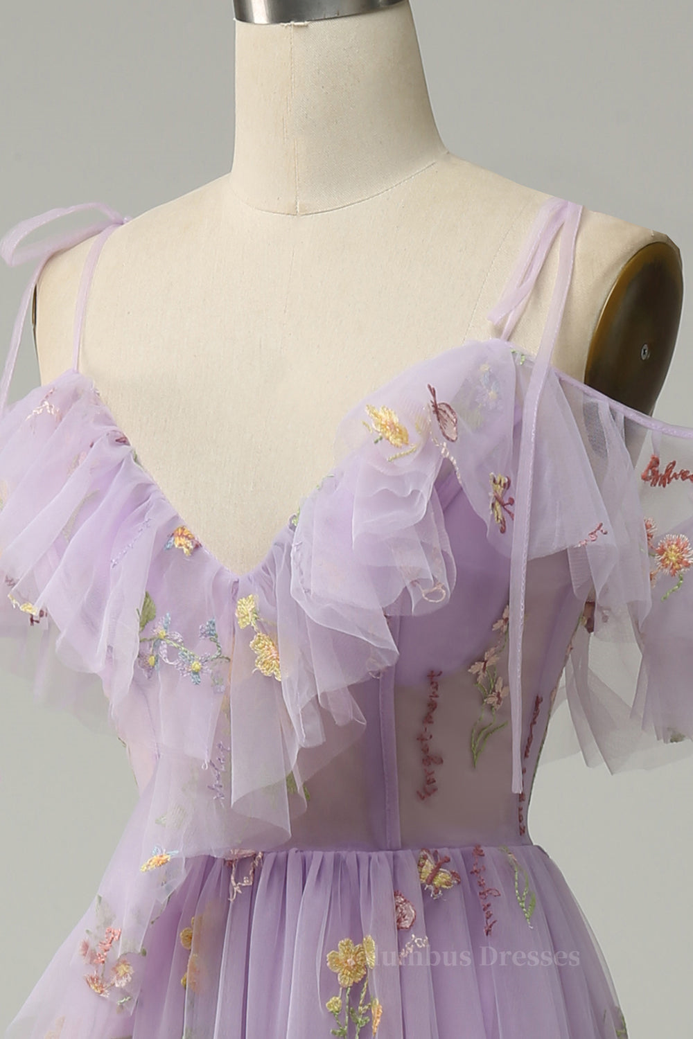Bridesmaid Dresses Websites, Lavender Floral Ruffles Tulle A-line Long Prom Dress