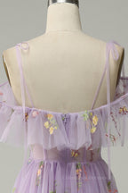 Bridesmaid Dress Website, Lavender Floral Ruffles Tulle A-line Long Prom Dress