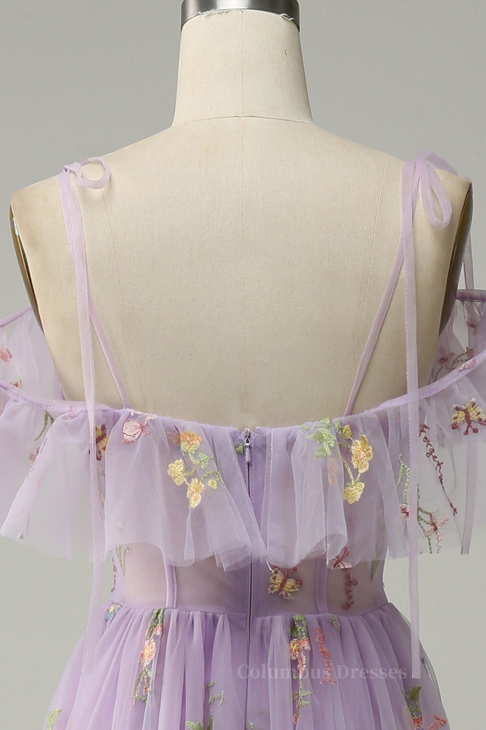 Bridesmaid Dress Website, Lavender Floral Ruffles Tulle A-line Long Prom Dress