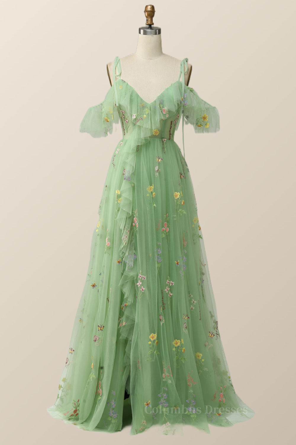 Bridesmaid Dresses In Store, Lavender Floral Ruffles Tulle A-line Long Prom Dress