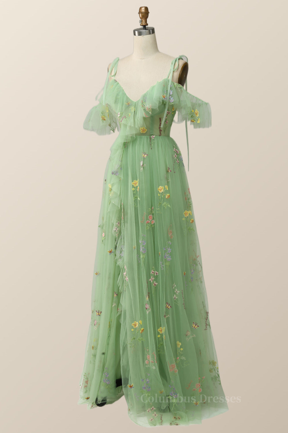 Bridesmaid Dresses Custom, Lavender Floral Ruffles Tulle A-line Long Prom Dress