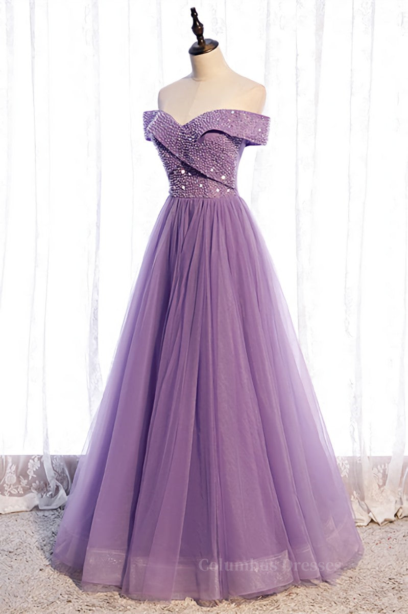 Lavender Folded Off-the-Shoulder Beaded Tulle Maxi Formal Dress Secondary image