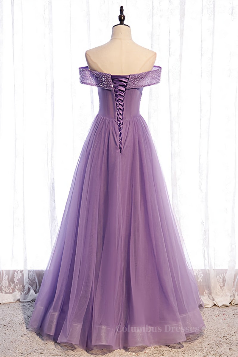 Evening Dress Near Me, Lavender Folded Off-the-Shoulder Beaded Tulle Maxi Formal Dress Main image