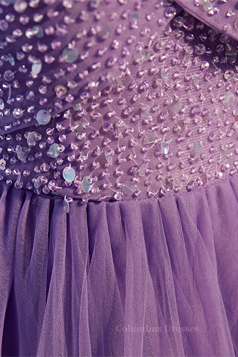 Evening Dresses Sale, Lavender Folded Off-the-Shoulder Beaded Tulle Maxi Formal Dress