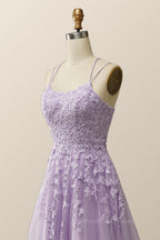 Prom Dress Cheap, Lavender Lace Appliques A-line Long Formal Dress
