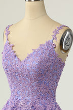 Prom Dress Open Back, Lavender Lace Appliques Princess A-line Short Prom Dress