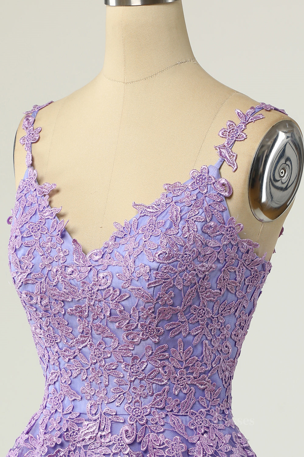 Prom Dress Open Back, Lavender Lace Appliques Princess A-line Short Prom Dress