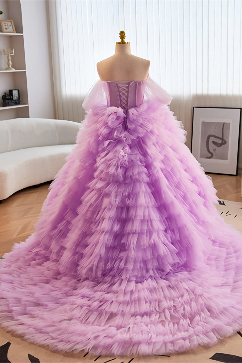 Party Dresses Maxi, Lavender Off-Shoulder A-line Multi-Layers  Long Prom Dress