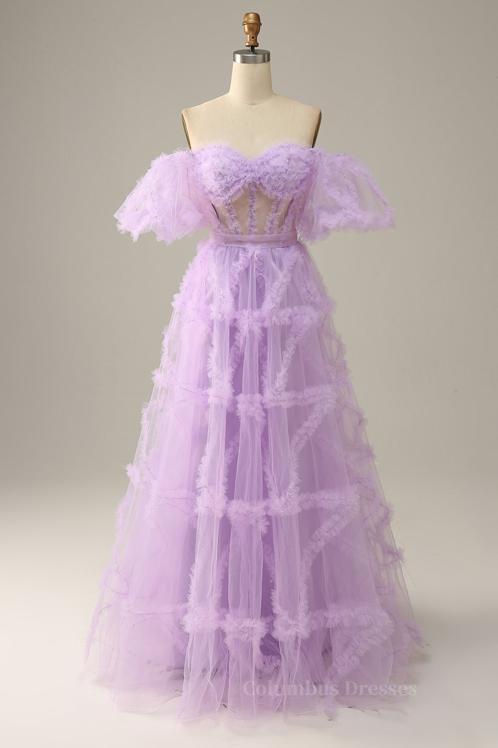 Bridesmaid Dress 2086, Lavender Off-the-Shoulder Puff Sleeves Ruffles A-line Long Prom Dress