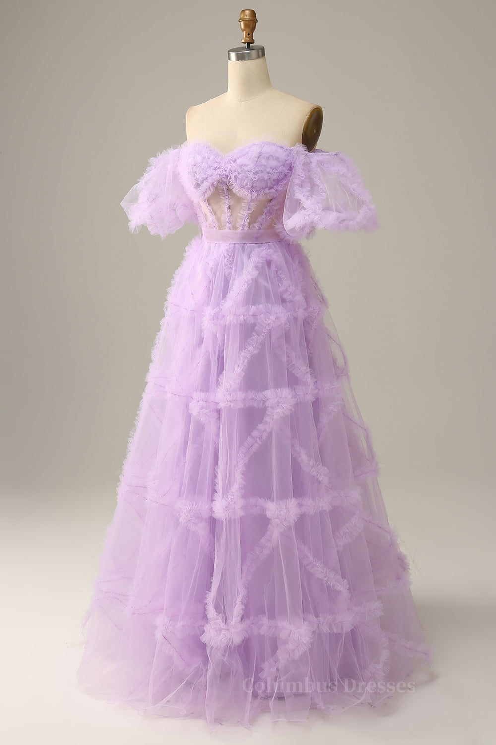 Lavender Off-the-Shoulder Puff Sleeves Ruffles A-line Long Prom Dress Secondary image