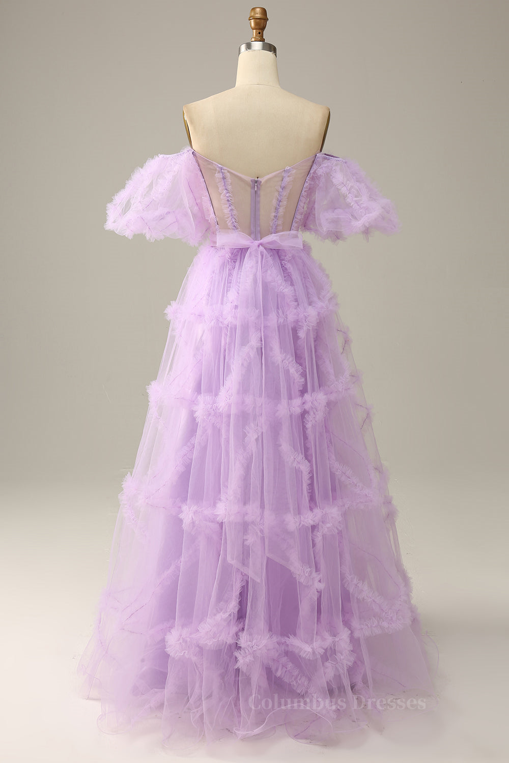 Bridesmaid Dresses Red, Lavender Off-the-Shoulder Puff Sleeves Ruffles A-line Long Prom Dress Main image