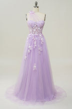Prom Dresses Long Elegant, Lavender One Shoulder Appliques Long Formal Dress