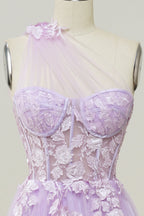 Prom Dress Long Elegant, Lavender One Shoulder Appliques Long Formal Dress