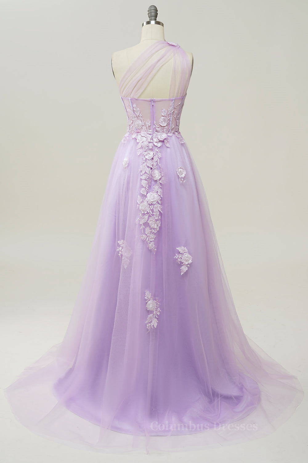 Prom Dresses Silk, Lavender One Shoulder Appliques Long Formal Dress
