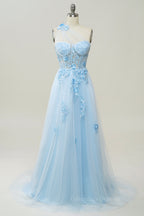 Prom Dress Pieces, Lavender One Shoulder Appliques Long Formal Dress