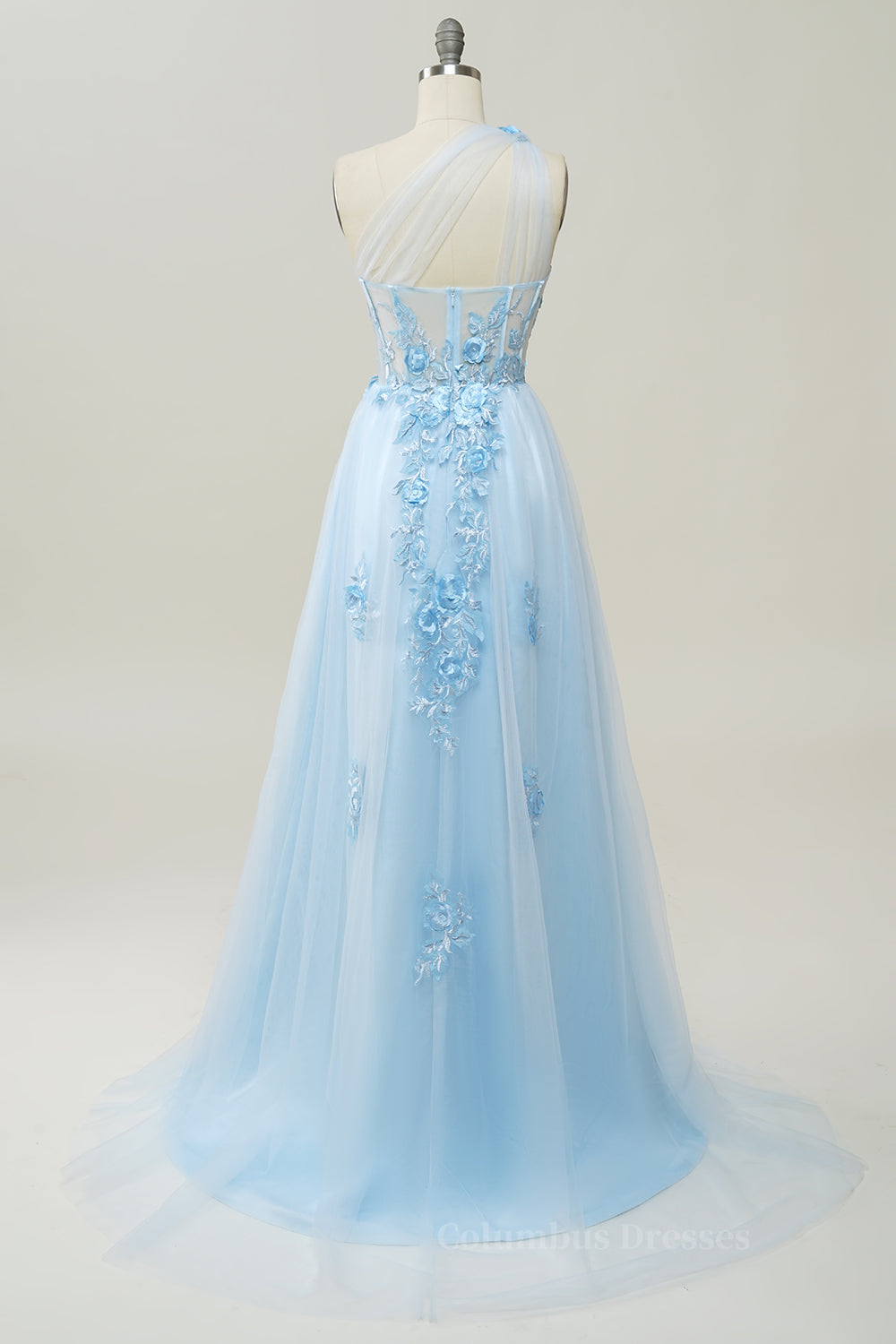 Prom Dress Piece, Lavender One Shoulder Appliques Long Formal Dress