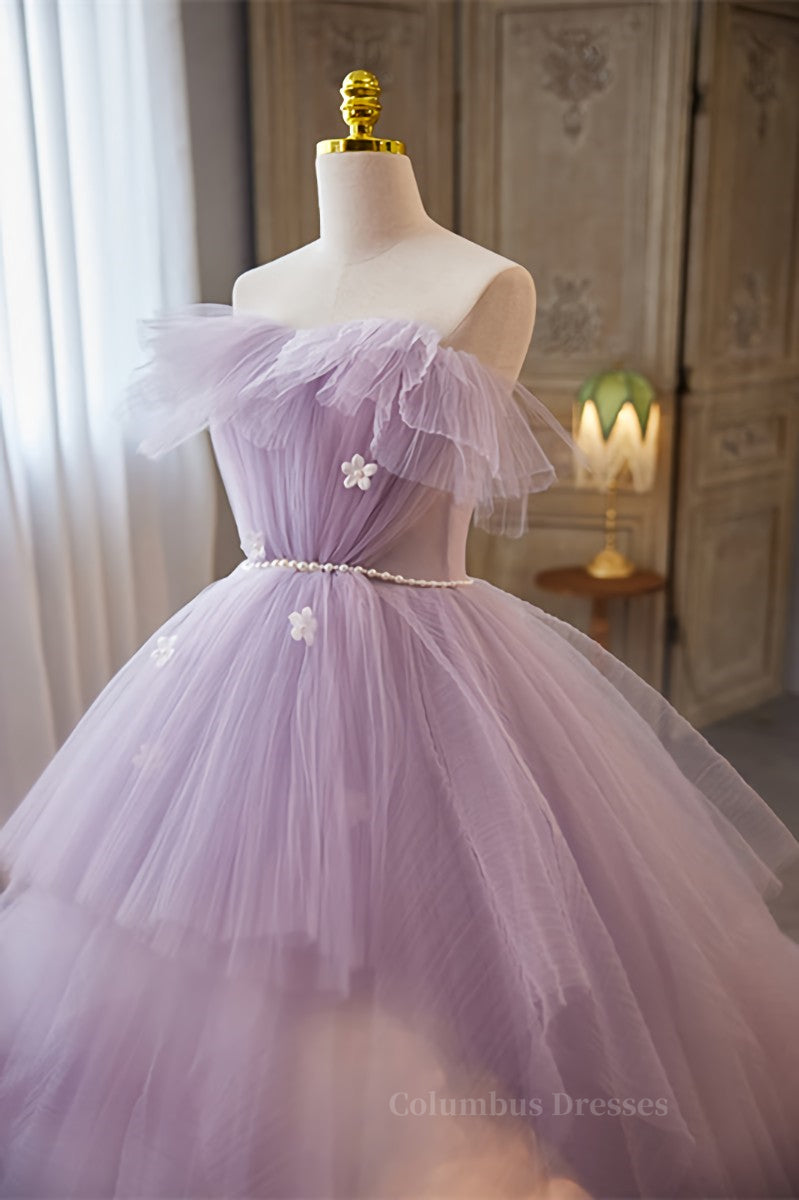 Lavender Ruffled Strapless Floral Applique Long Prom Dress with Pearl Sash Secondary image