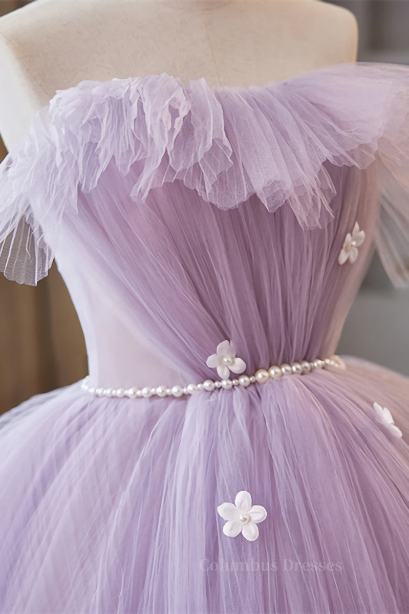 Party Dresses Ladies, Lavender Ruffled Strapless Floral Applique Long Prom Dress with Pearl Sash Main image