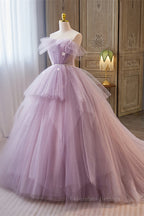 Party Dress Websites, Lavender Ruffled Strapless Floral Applique Long Prom Dress with Pearl Sash