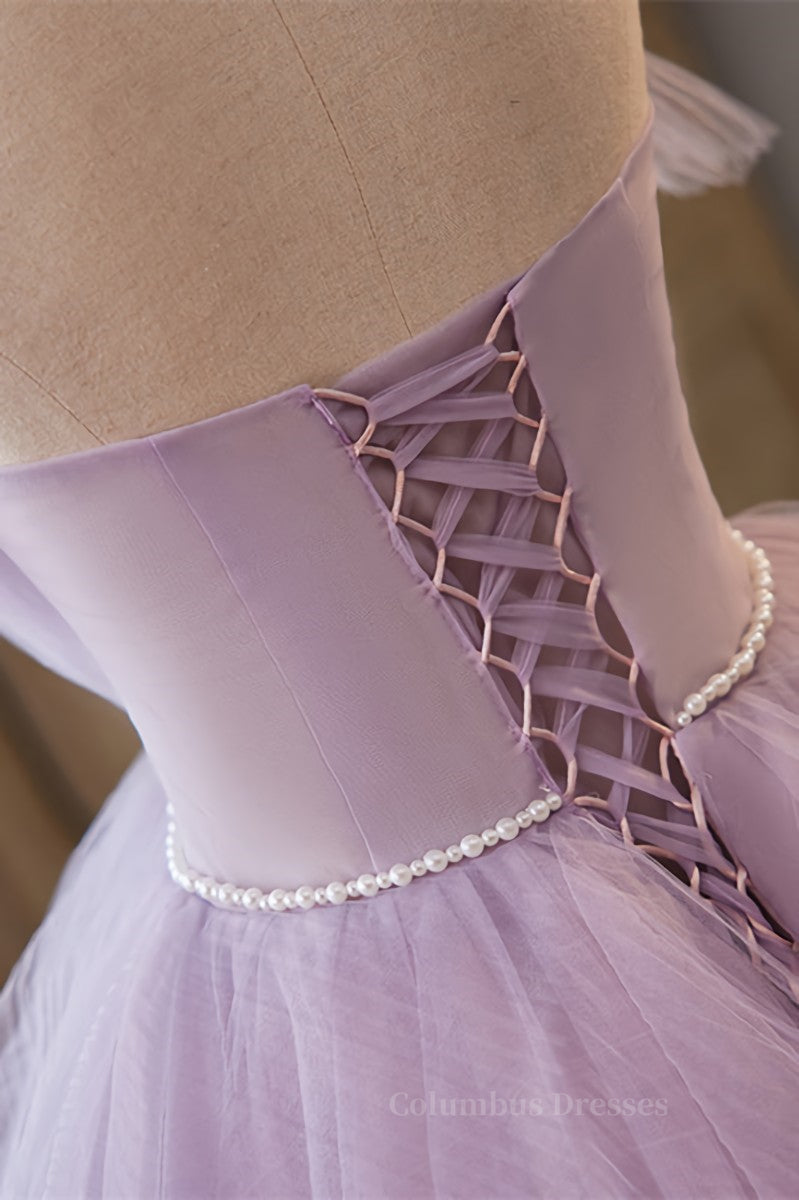 Party Dresses Long Dress, Lavender Ruffled Strapless Floral Applique Long Prom Dress with Pearl Sash