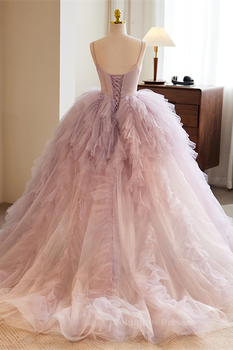 Party Dresses Online Shopping, Lavender Straps A-line Ruffle Layers Long Prom Dress