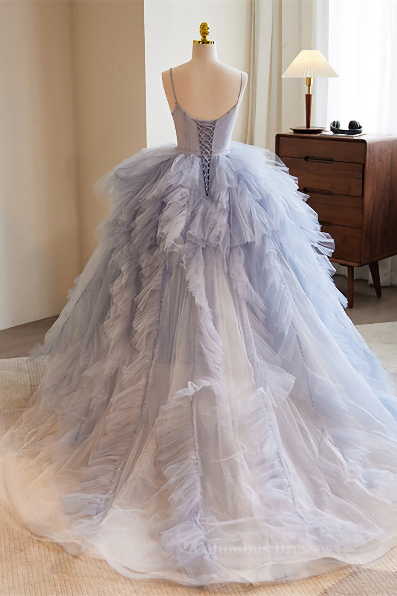 Party Dresses Prom, Lavender Straps A-line Ruffle Layers Long Prom Dress Main image