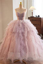 Party Dresses Ideas, Lavender Straps A-line Ruffle Layers Long Prom Dress
