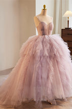 Party Dress A Line, Lavender Straps A-line Ruffle Layers Long Prom Dress