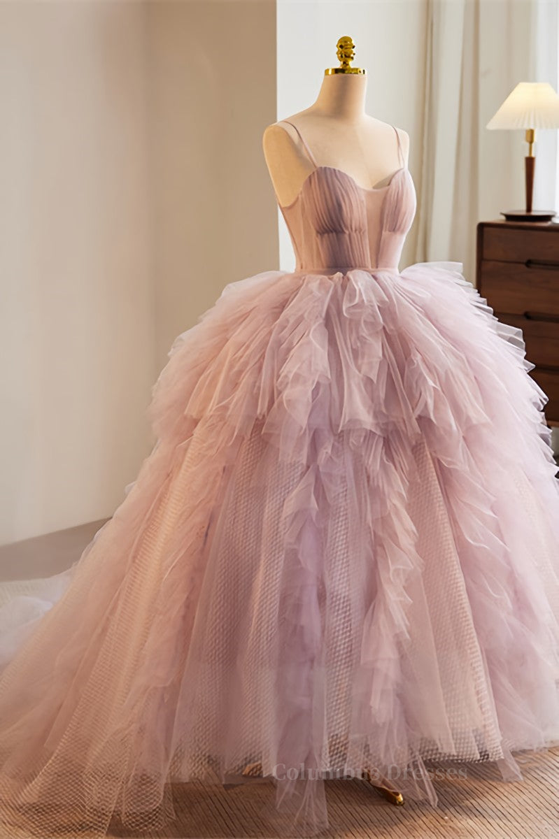 Party Dress A Line, Lavender Straps A-line Ruffle Layers Long Prom Dress
