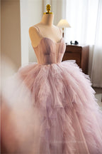 Party Dress Ball, Lavender Straps A-line Ruffle Layers Long Prom Dress