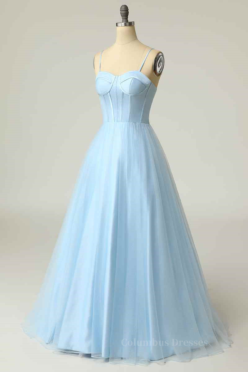 Light Blue A-line Boning Adjustable Spaghetti Straps Tulle Long Prom Dress Secondary image
